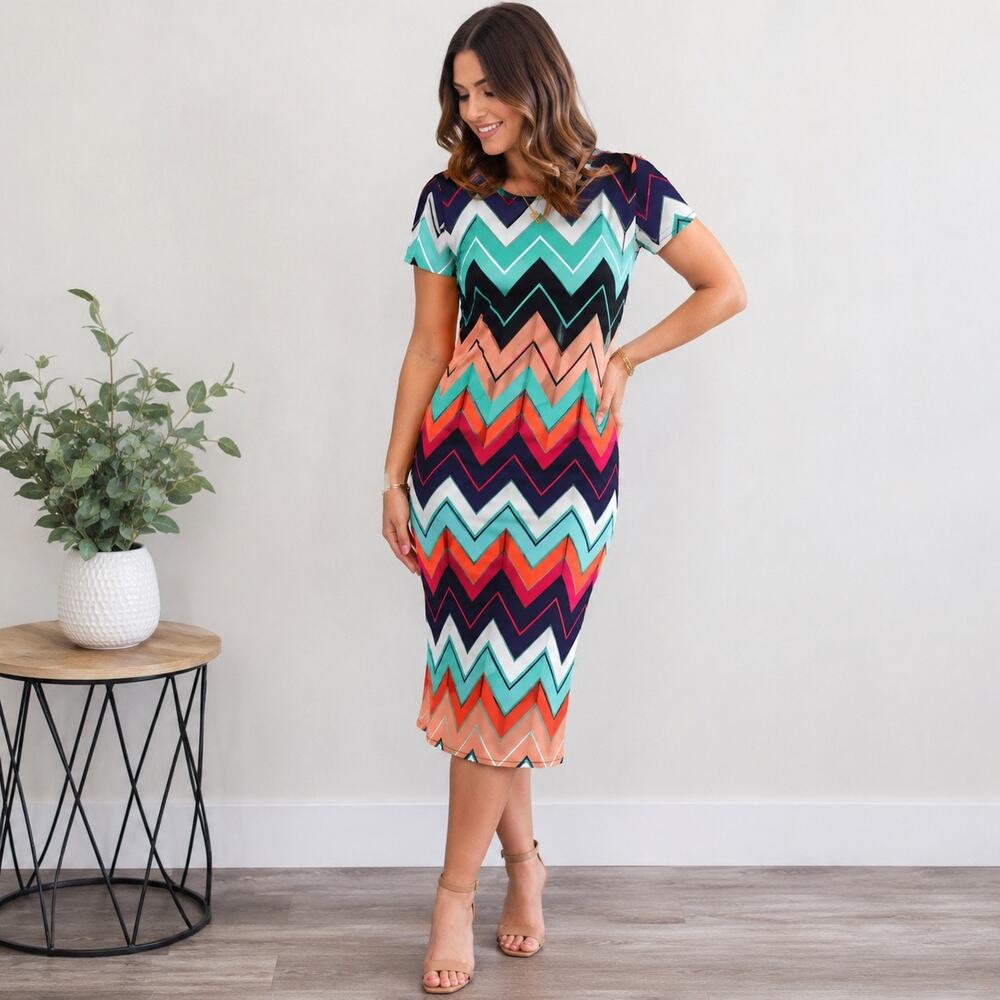 Haani Chevron Print Knit Dress Multicolor Geometric Stretch Sz XL